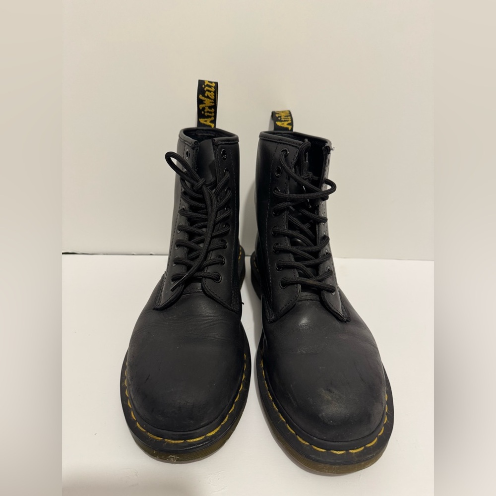 Dr. Martens 1460 Black Leather Lace Up Boots with Yellow Stitching Size 9M 10L